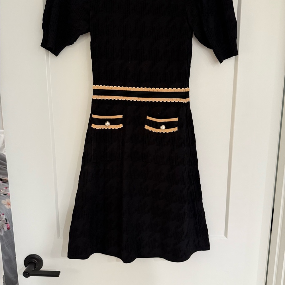 Sandro Black Dress, Size 36 (XS/Small), Cream and Pearl Accents